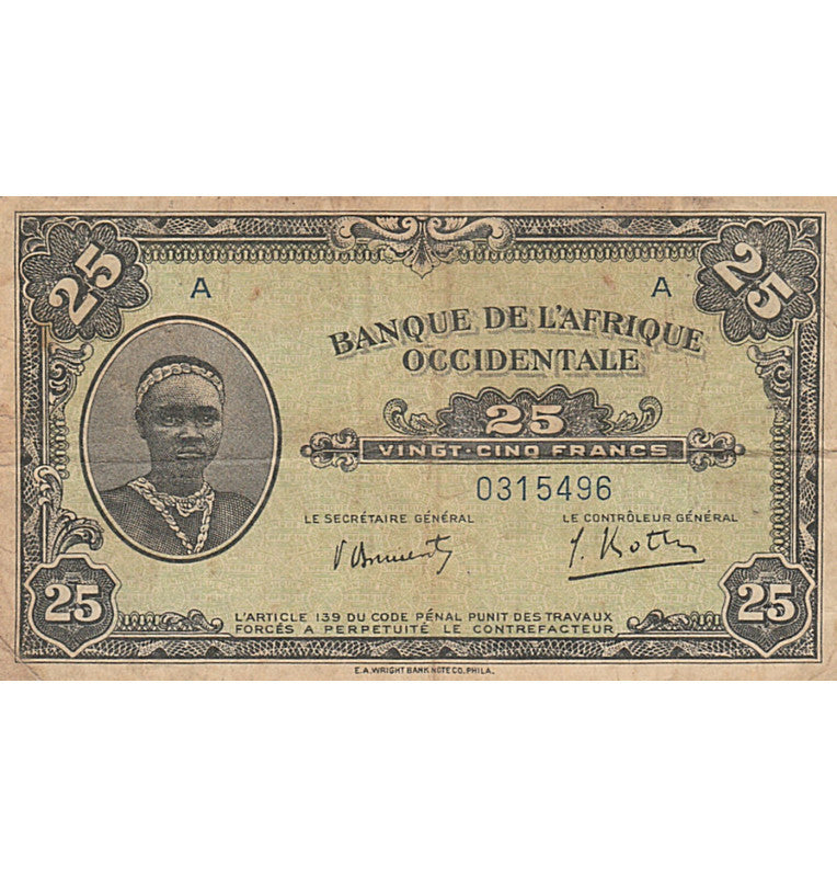 África 25 Francos 1942 Pick 30 (NO UNC)